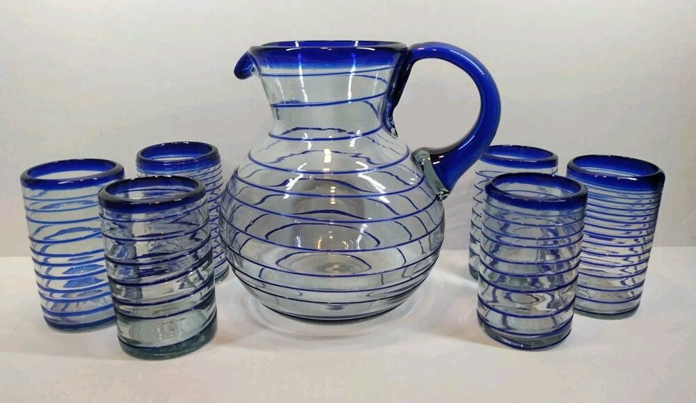 Hand Blown Cobalt & Clear Glass Swirl Pitcher & Glasses 7 Pc Set Made in Mexico
